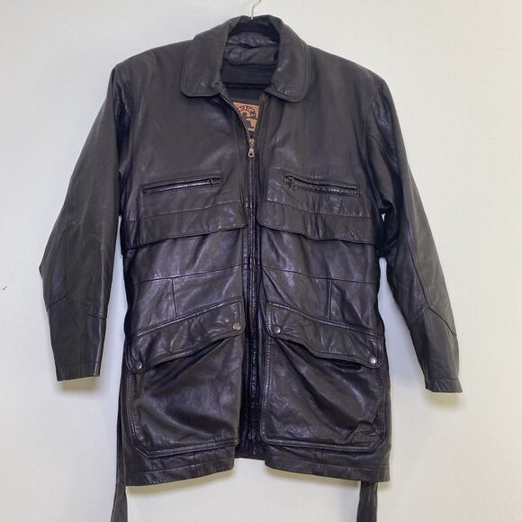 Phase 2 Jacket Mens Large Black Lined Heavy Leather Coat Vintage Long Belted - Picture 1 of 16